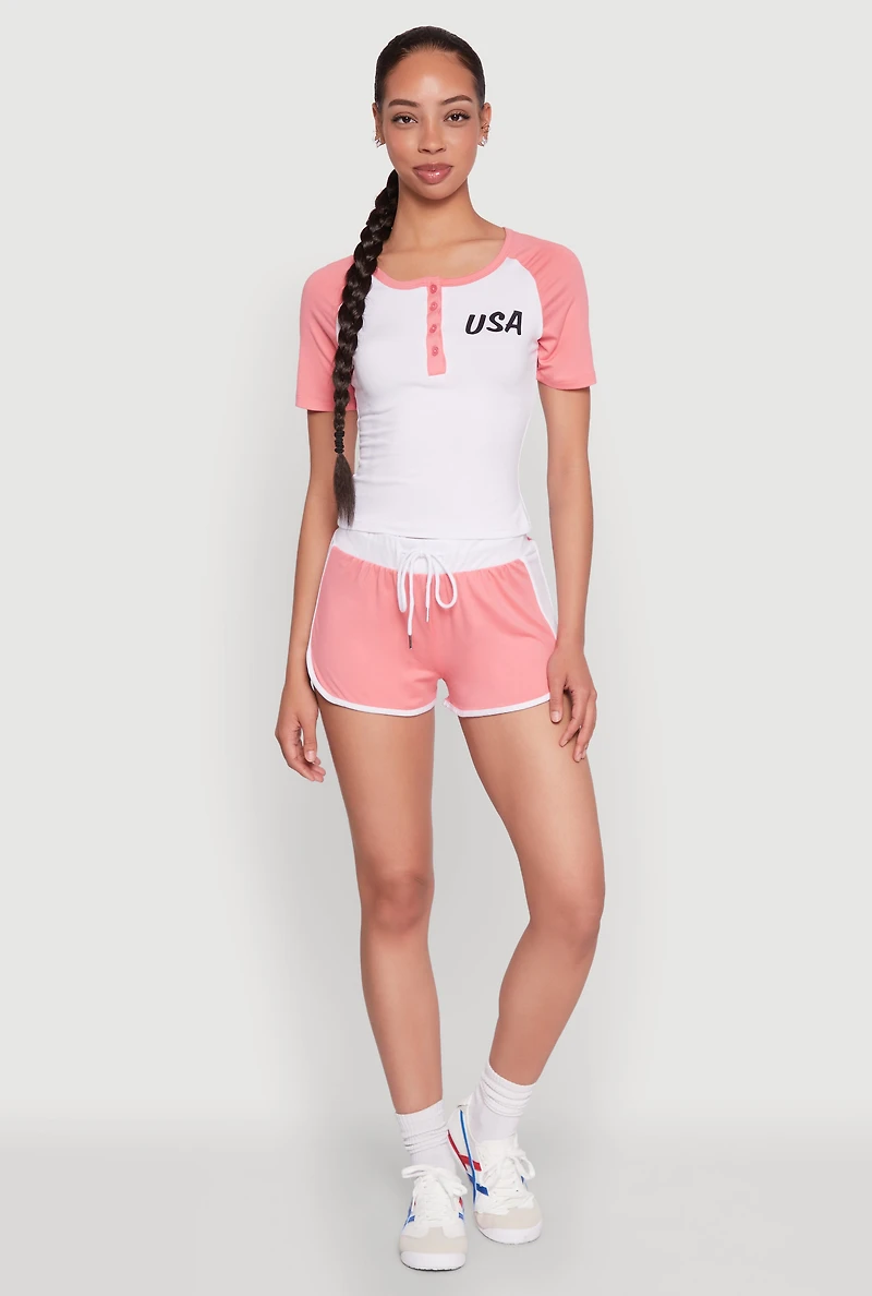 Womens Color Block USA Graphic Baseball Tee, White,