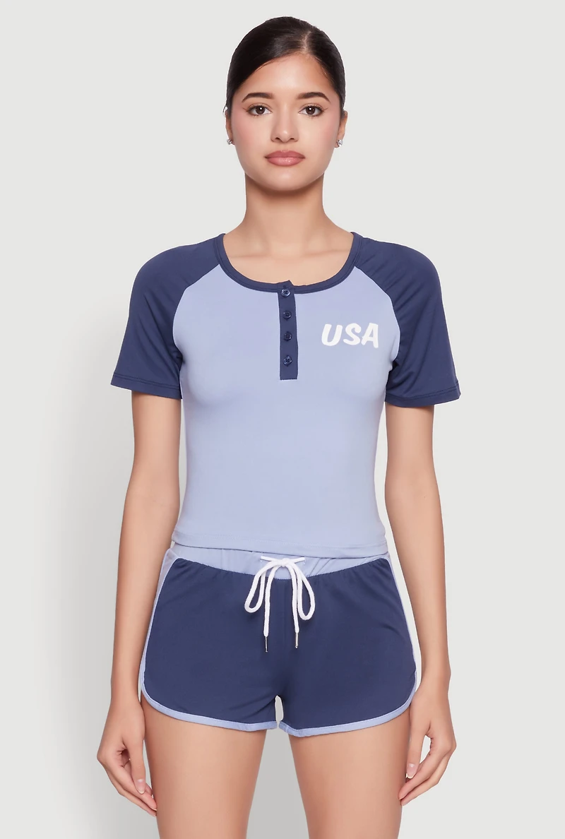 Womens Color Block USA Graphic Baseball Tee, L