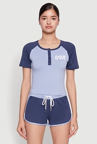 Womens Color Block USA Graphic Baseball Tee, Blue,