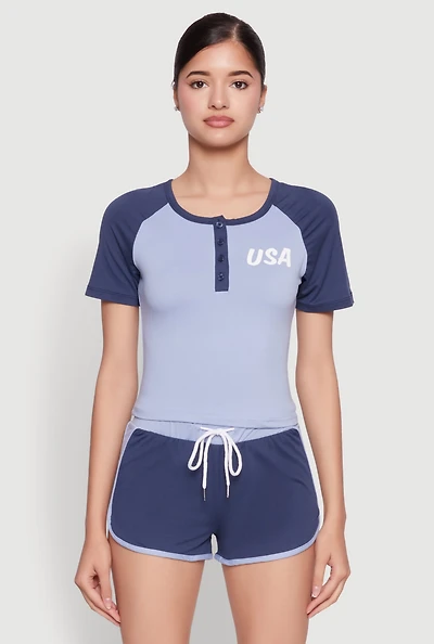 Womens Color Block USA Graphic Baseball Tee, Blue, Size L