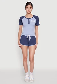 Womens Color Block USA Graphic Baseball Tee, Blue,