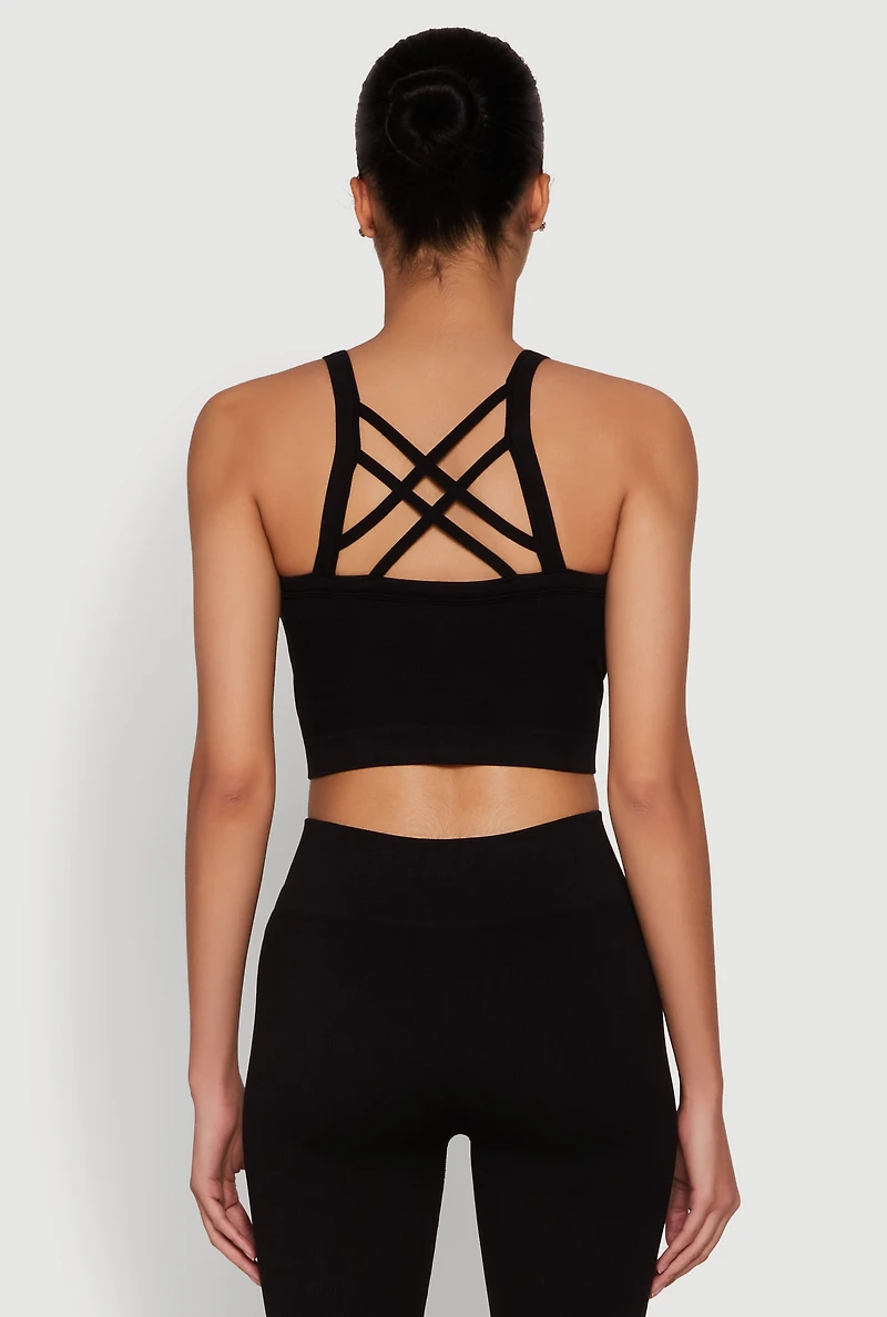 Womens Criss Cross Caged Back Cropped Cami, Black, Size L-XL