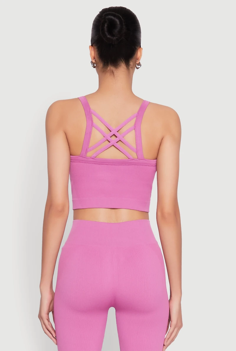 Womens Criss Cross Caged Back Cropped Cami, Purple, Size S-M