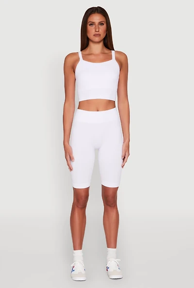 Womens Ribbed Knit Seamless Bike Shorts, White, Size S-M