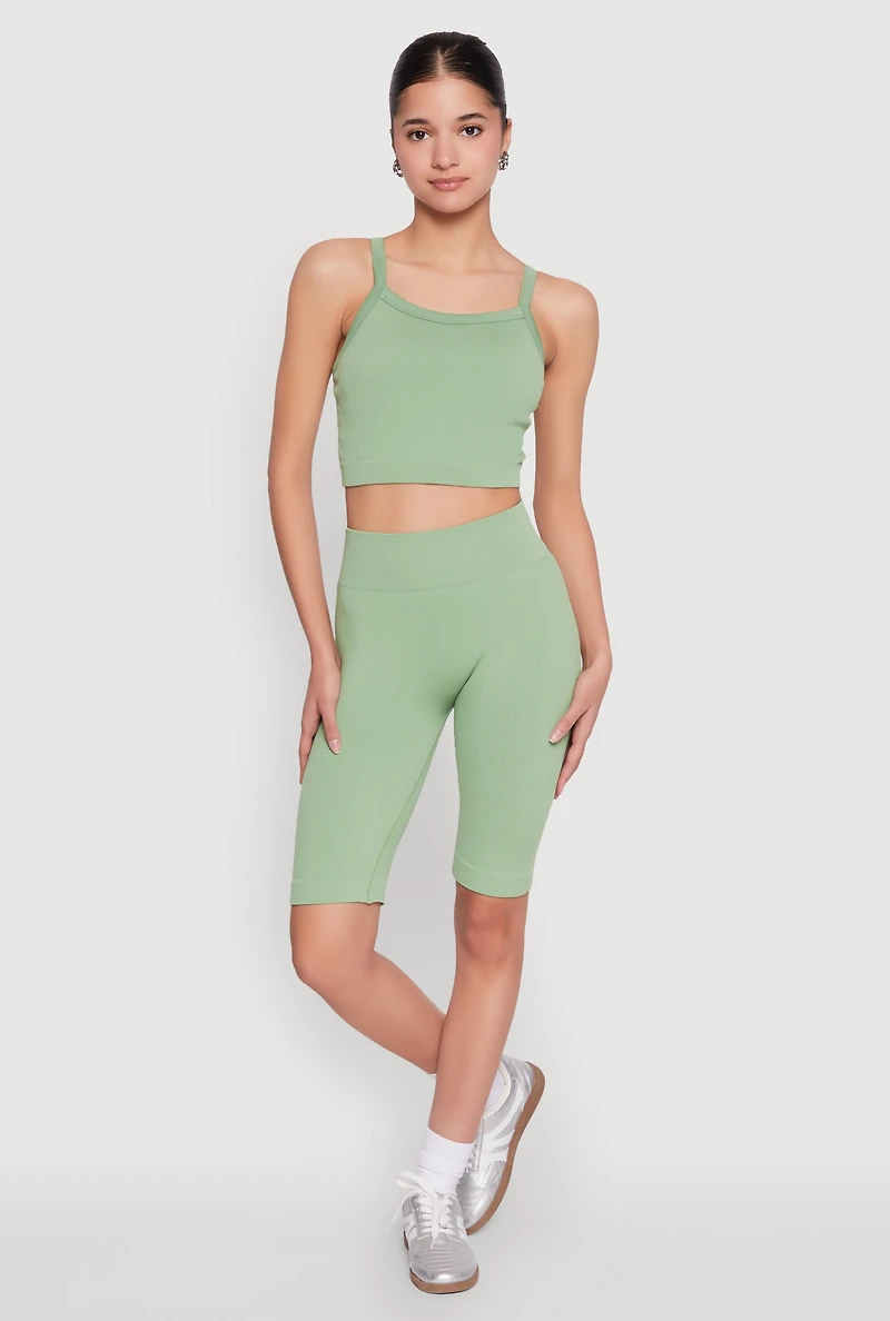Womens Ribbed Knit Seamless Bike Shorts, Green, Size L-XL