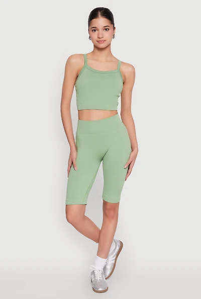 Womens Ribbed Knit Seamless Bike Shorts, Green, Size L-XL