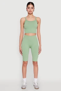 Womens Ribbed Knit Seamless Bike Shorts, Green, Size L-XL