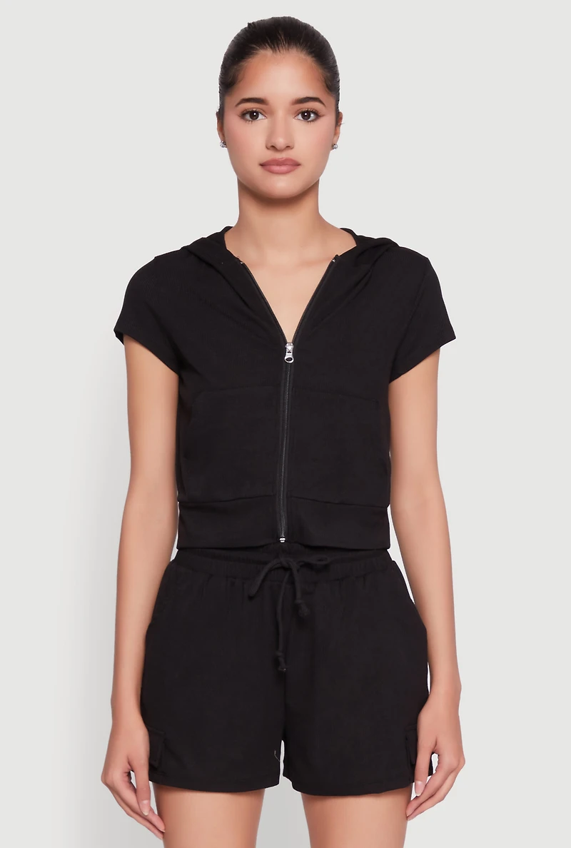 Womens Ribbed Knit Short Sleeve Zip Front Hoodie, Black, Size S