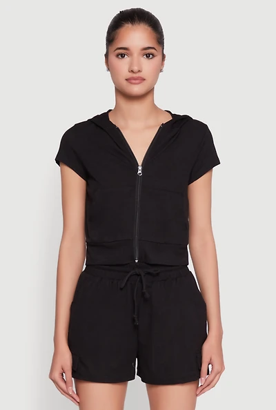Womens Ribbed Knit Short Sleeve Zip Front Hoodie, Black, Size S