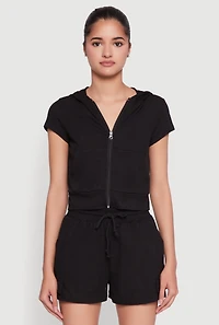 Womens Ribbed Knit Short Sleeve Zip Front Hoodie, Black, Size S
