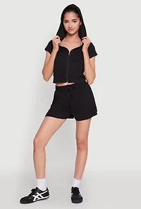 Womens Ribbed Knit Short Sleeve Zip Front Hoodie, Black, Size S