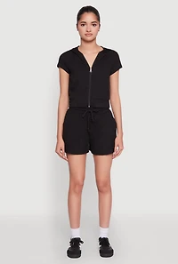 Womens Ribbed Knit Short Sleeve Zip Front Hoodie, Black, Size S