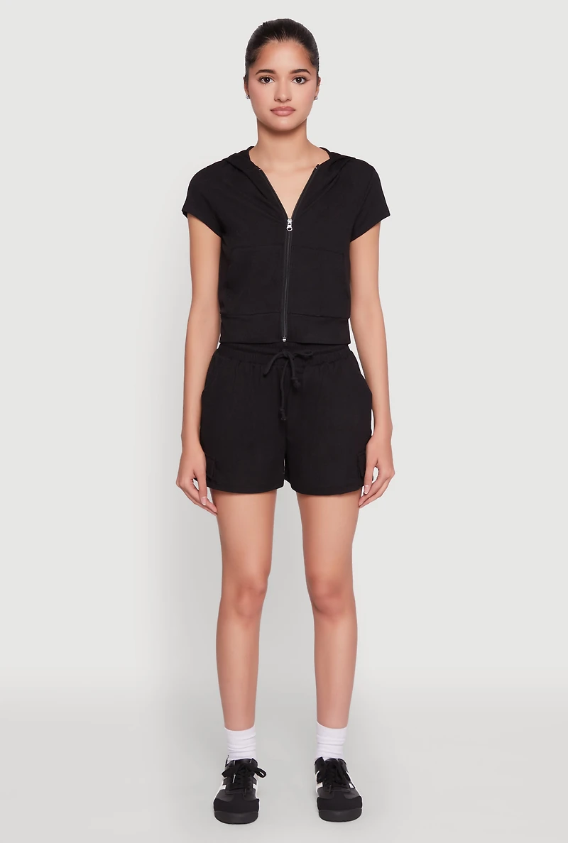 Womens Ribbed Knit Short Sleeve Zip Front Hoodie, Black,