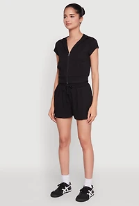 Womens Ribbed Knit Short Sleeve Zip Front Hoodie, Black, Size S