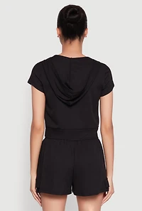 Womens Ribbed Knit Short Sleeve Zip Front Hoodie, Black, Size S