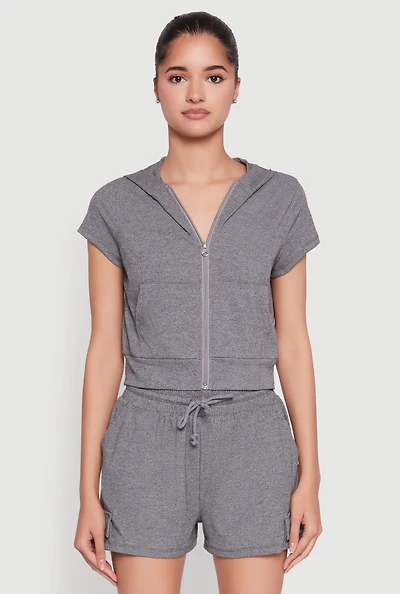 Womens Ribbed Knit Short Sleeve Zip Front Hoodie, Grey, Size M
