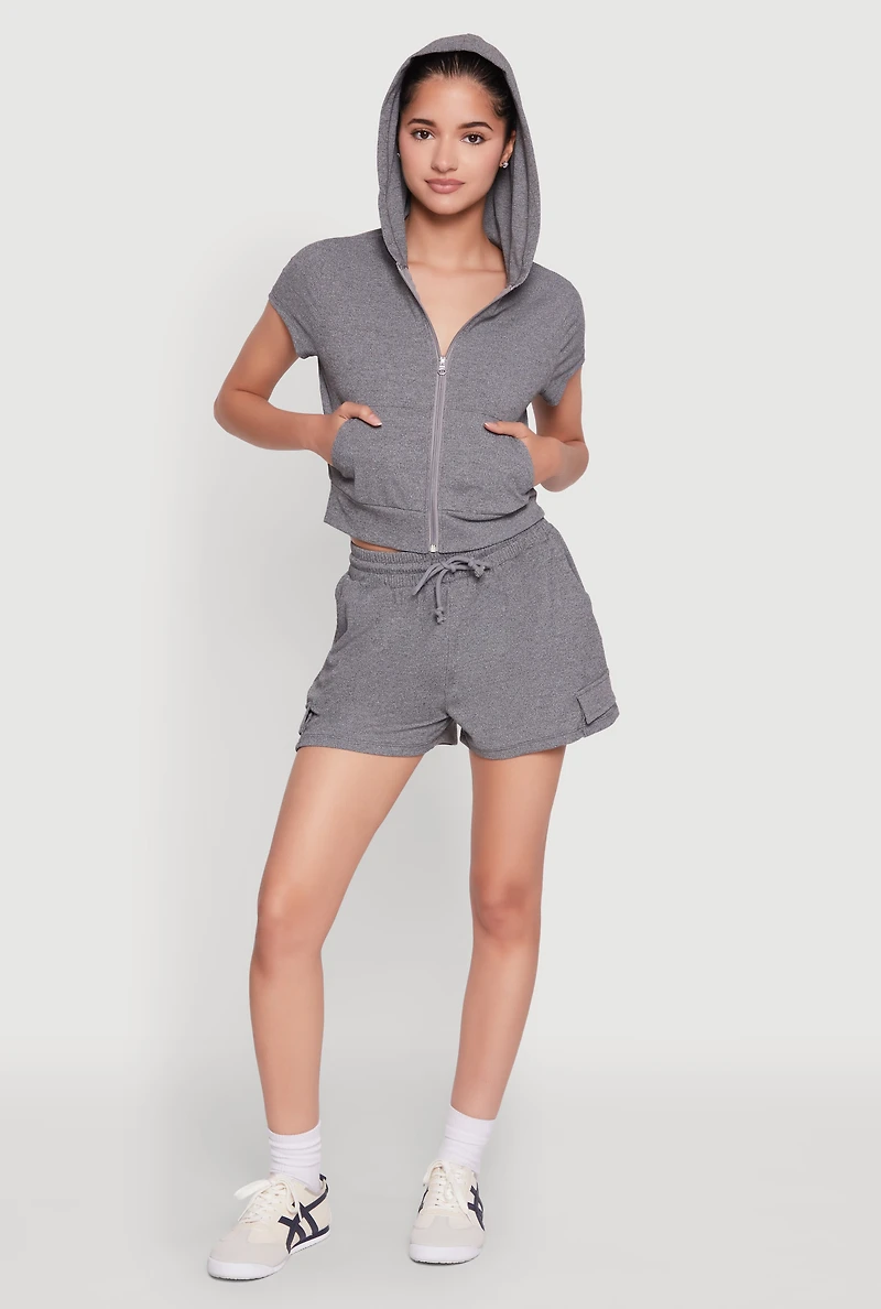 Womens Ribbed Knit Short Sleeve Zip Front Hoodie, Grey, Size S