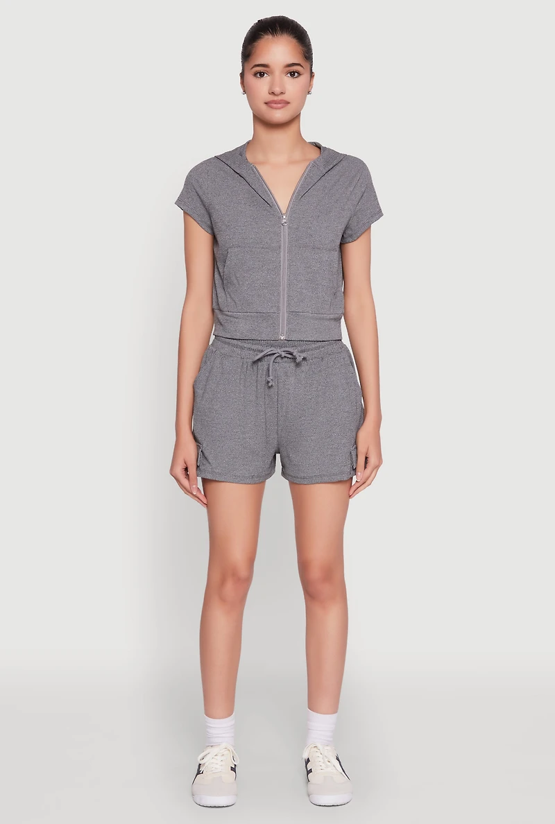 Womens Ribbed Knit Short Sleeve Zip Front Hoodie, Grey, Size S