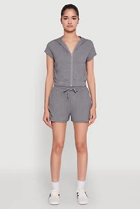 Womens Ribbed Knit Short Sleeve Zip Front Hoodie, Grey, Size S