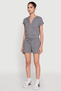 Womens Ribbed Knit Short Sleeve Zip Front Hoodie, Grey, Size S