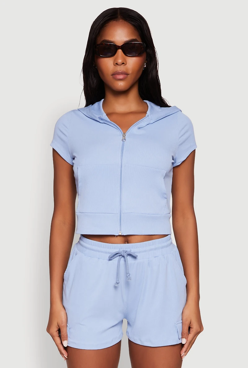 Ribbed Knit Short Sleeve Zip Front Hoodie