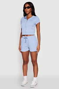 Womens Ribbed Knit Short Sleeve Zip Front Hoodie, Blue, Size S