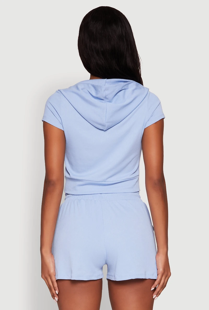 Womens Ribbed Knit Short Sleeve Zip Front Hoodie, Blue, Size S