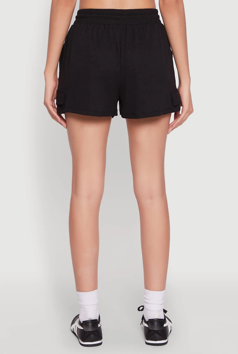 Womens Ribbed Knit Drawstring Shorts, Black, Size M