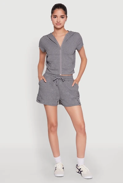 Womens Ribbed Knit Drawstring Shorts, Grey, Size M