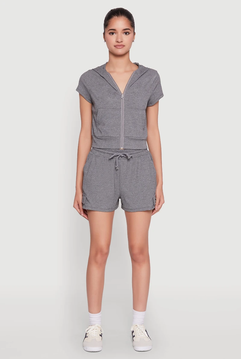 Womens Ribbed Knit Drawstring Shorts, Grey, Size M