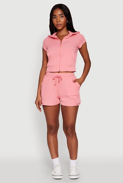 Womens Ribbed Knit Drawstring Shorts, Pink, Size S