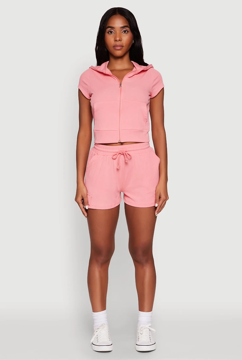 Womens Ribbed Knit Drawstring Shorts, Pink, Size S