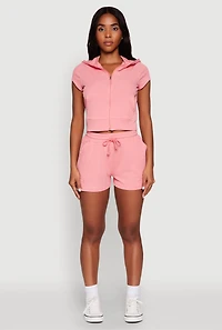 Womens Ribbed Knit Drawstring Shorts, Pink, Size S