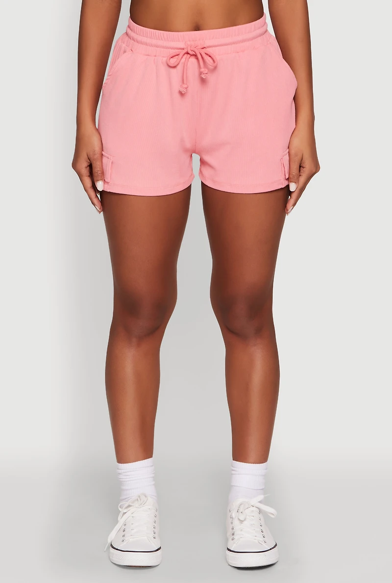 Womens Ribbed Knit Drawstring Shorts, Pink, Size S