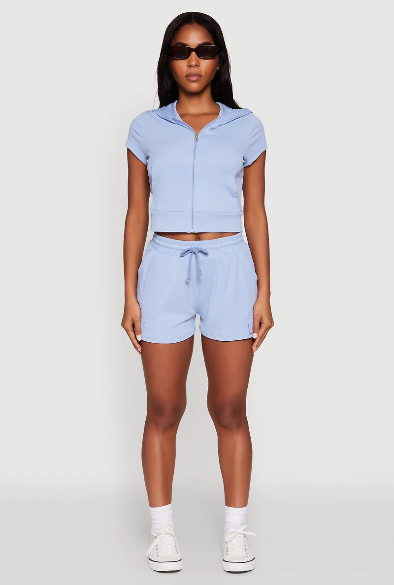 Womens Ribbed Knit Drawstring Shorts, Blue, Size L