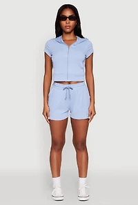 Womens Ribbed Knit Drawstring Shorts, Blue, Size L