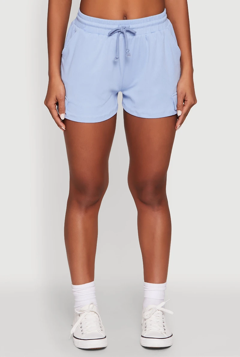 Womens Ribbed Knit Drawstring Shorts, Blue, Size L