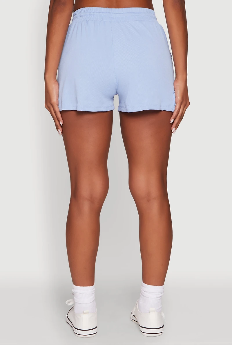 Womens Ribbed Knit Drawstring Shorts, Blue, Size L