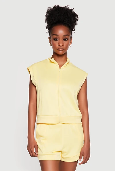 Mock Neck Cap Sleeve Zip Front Top