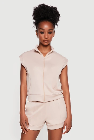 Mock Neck Cap Sleeve Zip Front Top