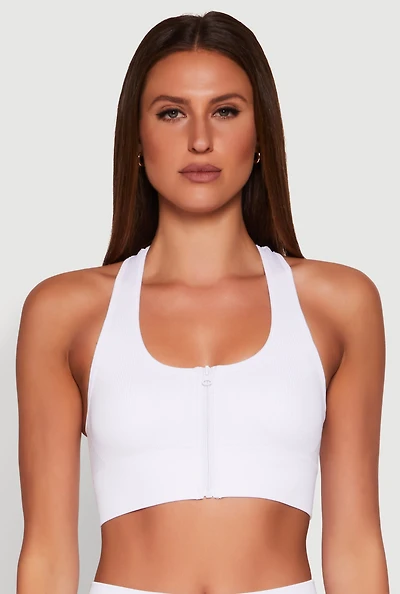 Womens Seamless Zip Front Sports Bra, White, Size S-M