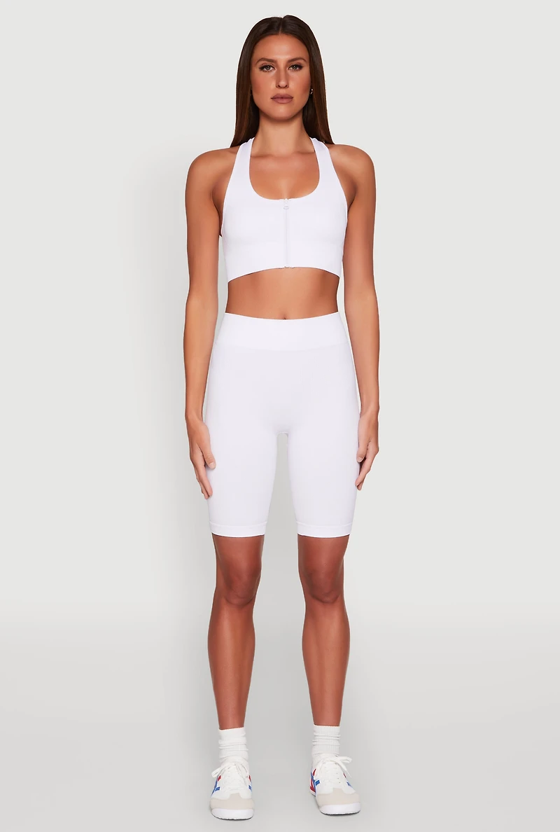 Womens Seamless Zip Front Sports Bra, White, Size S-M