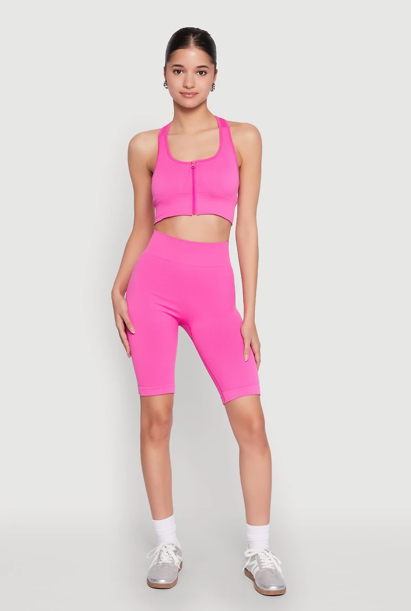 Womens Seamless Zip Front Sports Bra, Pink, Size S-M