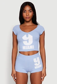Womens 9 Miami Graphic Top, Blue, Size M