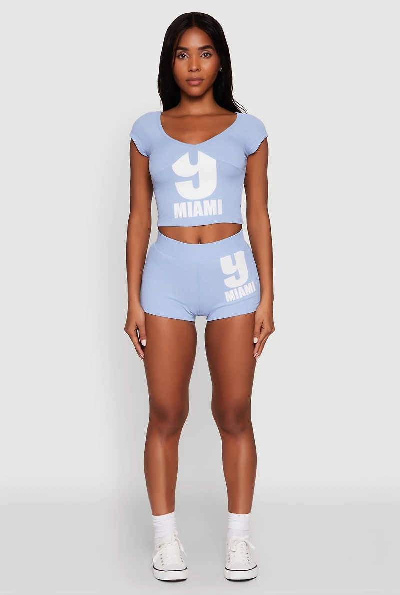 Womens 9 Miami Graphic Top, Blue, Size L