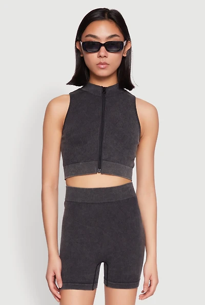 Womens Mineral Wash Seamless Zip Front Crop Top,