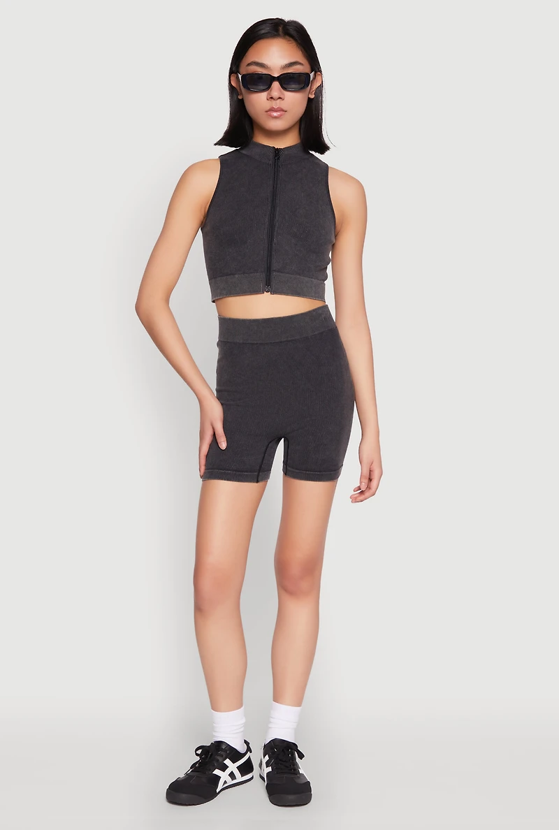 Womens Mineral Wash Seamless Zip Front Crop Top, S-M