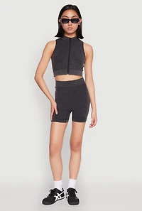 Womens Mineral Wash Seamless Zip Front Crop Top, S-M