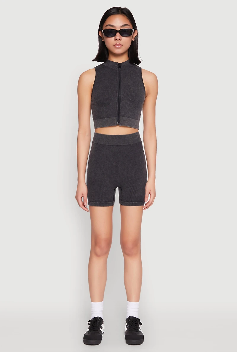 Womens Mineral Wash Seamless Zip Front Crop Top, S-M