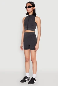 Womens Mineral Wash Seamless Zip Front Crop Top, S-M